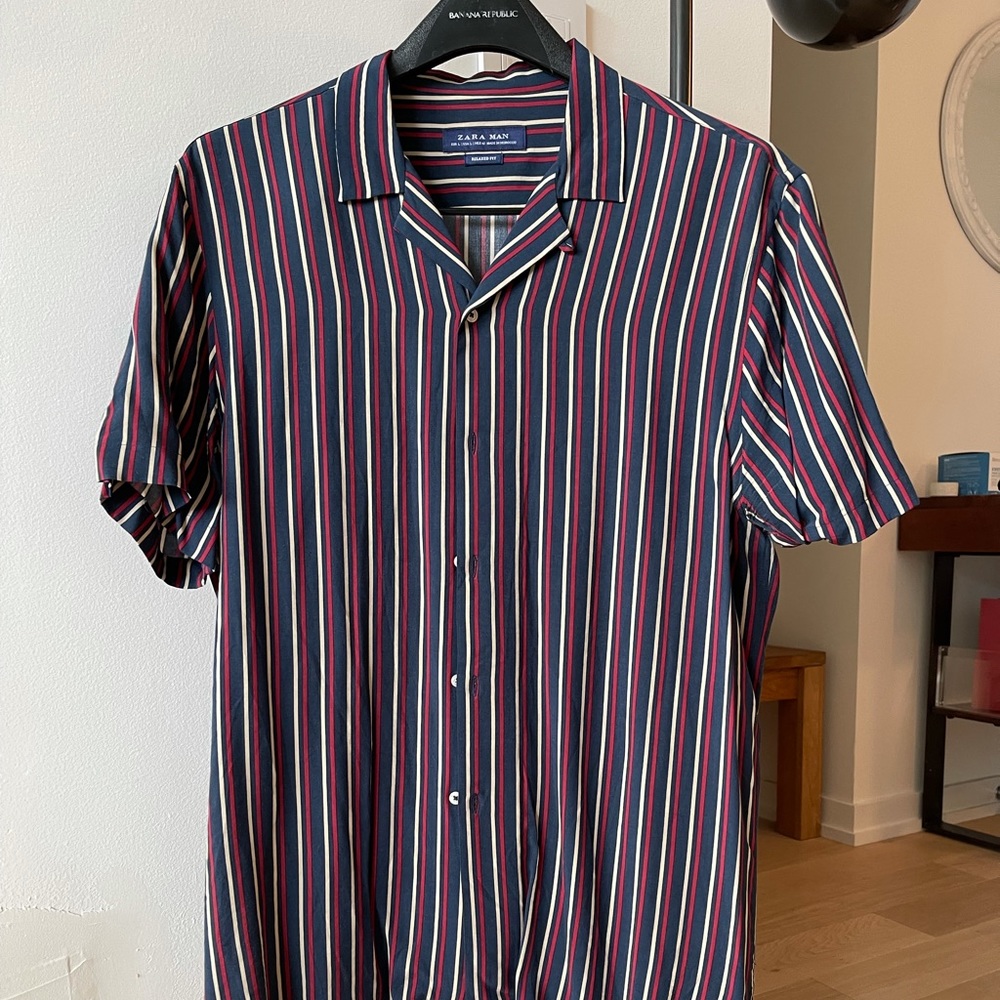 Zara Navy Relaxed Short-Sleeve Red White Stripes